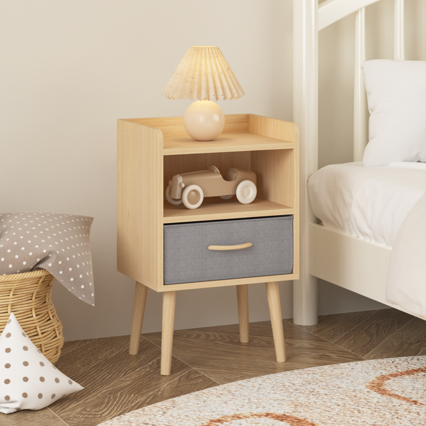 Simply End Table With Collapsible Fabric Drawer Nightstand Oak Color