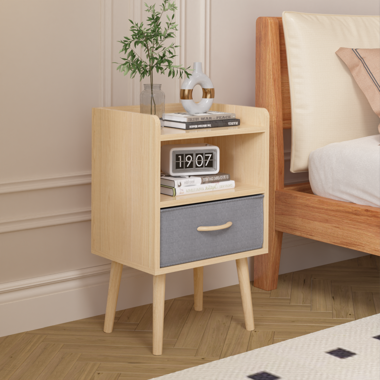 Simply End Table With Collapsible Fabric Drawer Nightstand Oak Color