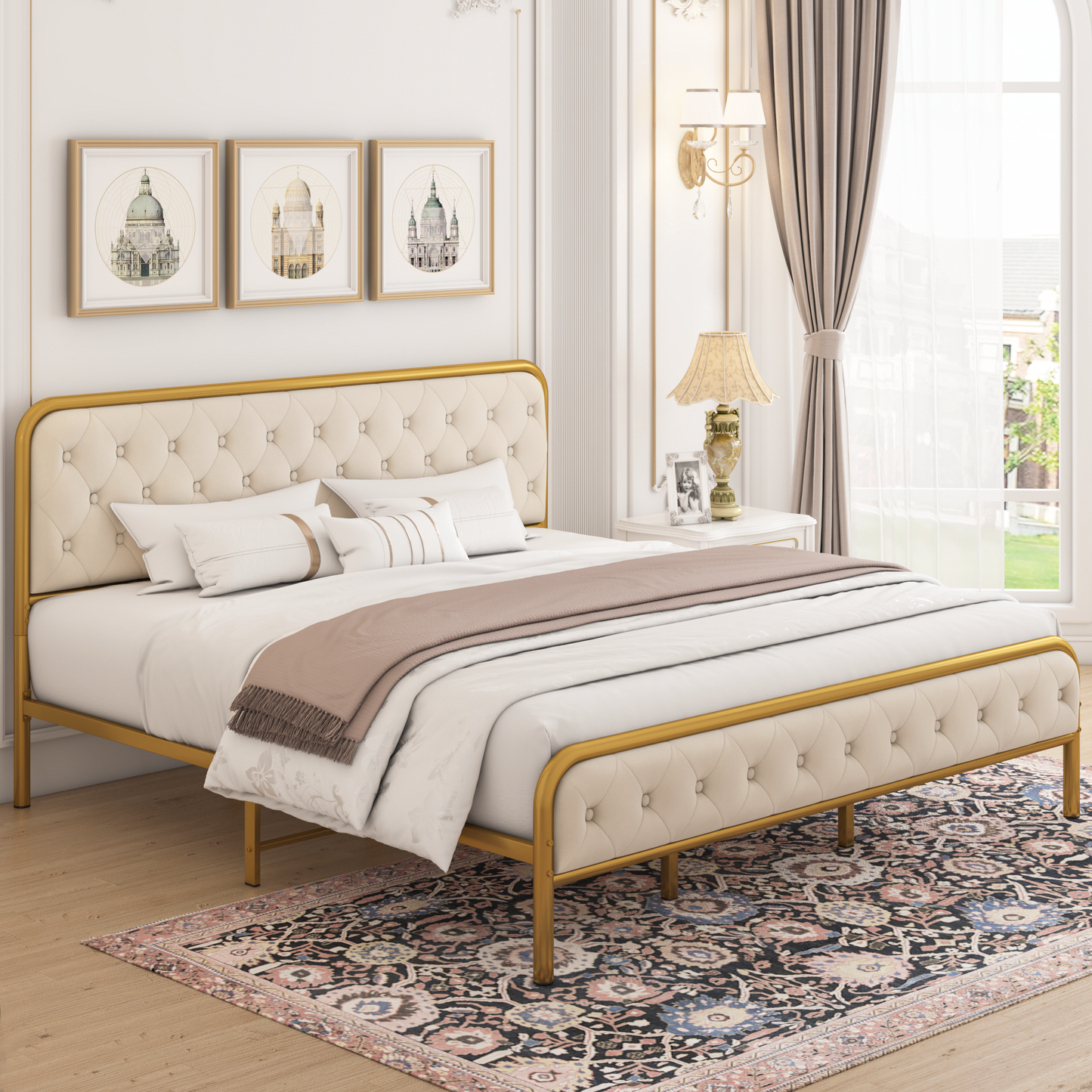 Simply Bed Frame, Upholstered Bed Frame with Velvet Headboard, Gold/Beige