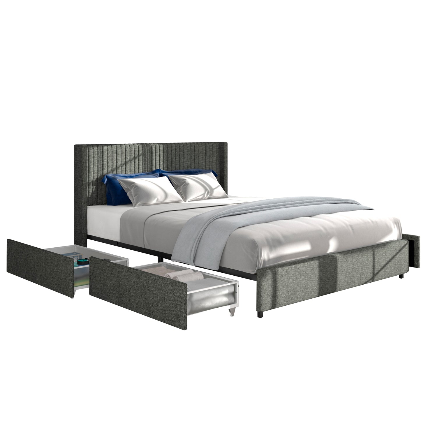 Simply Gray Linen Upholstered Wingback Platform Bed with 4 Drawers Storage