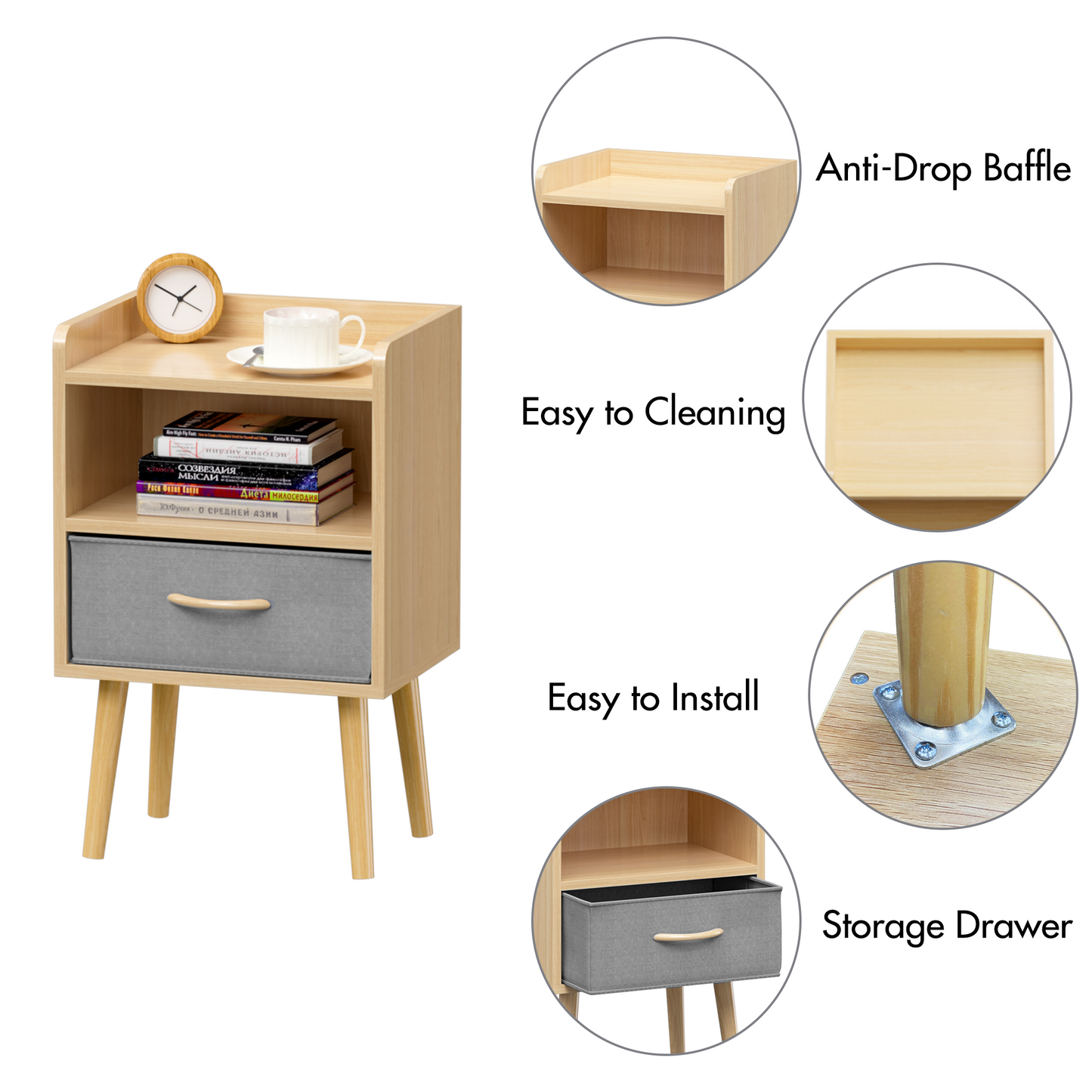 Simply End Table With Collapsible Fabric Drawer Nightstand Oak Color