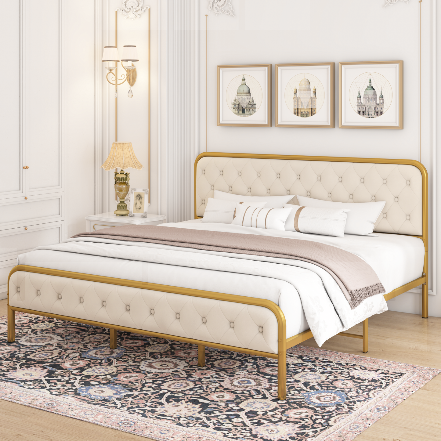 Simply Bed Frame, Upholstered Bed Frame with Velvet Headboard, Gold/Beige