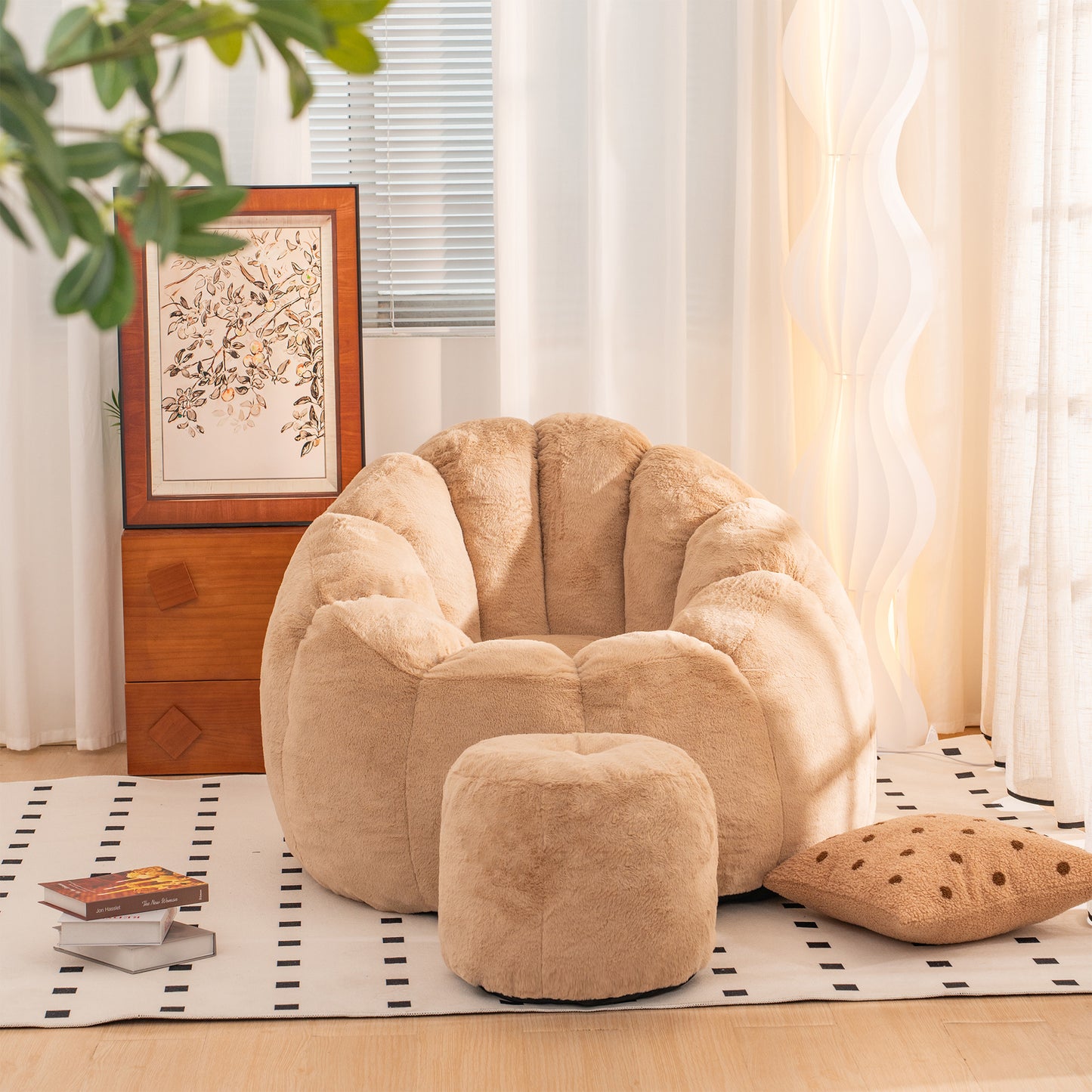 Simply Comfy Khaki Bean Bag Sofa With Foot Rest