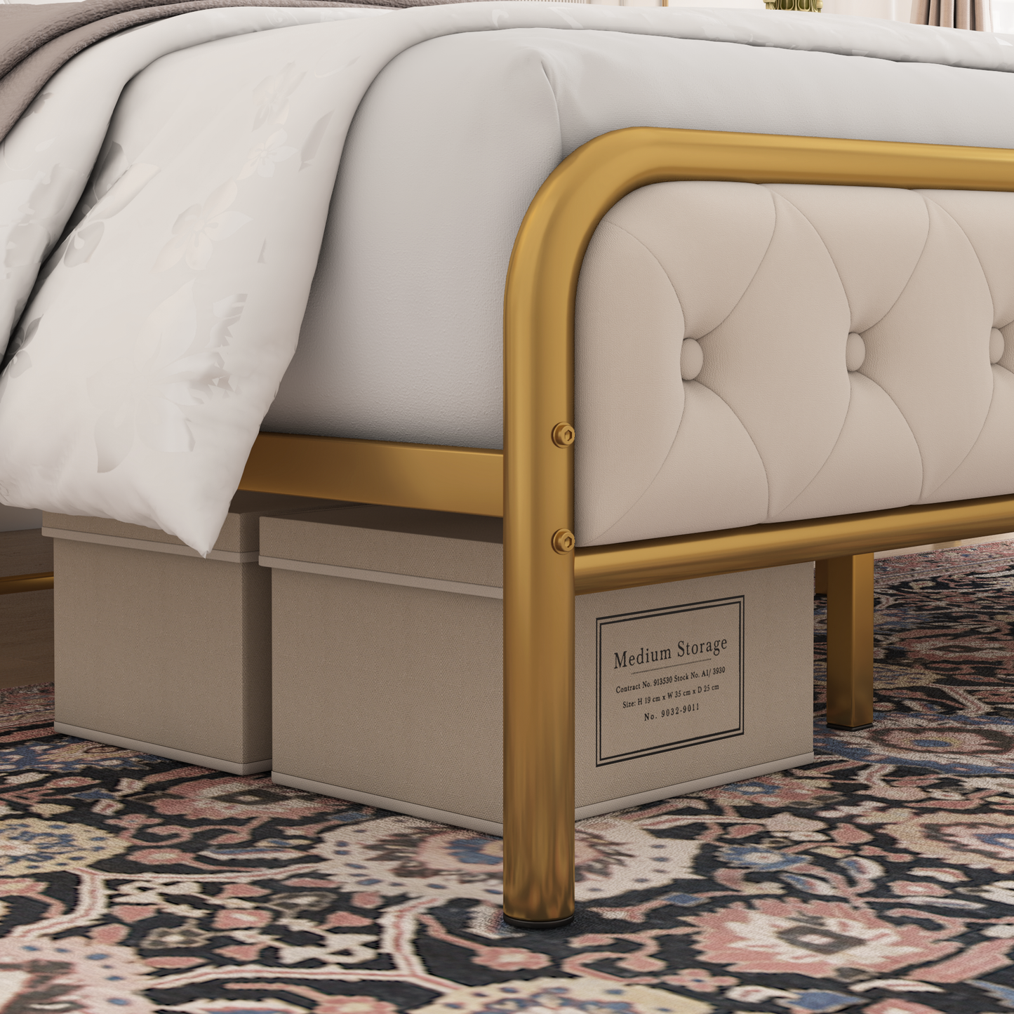 Simply Bed Frame, Upholstered Bed Frame with Velvet Headboard, Gold/Beige