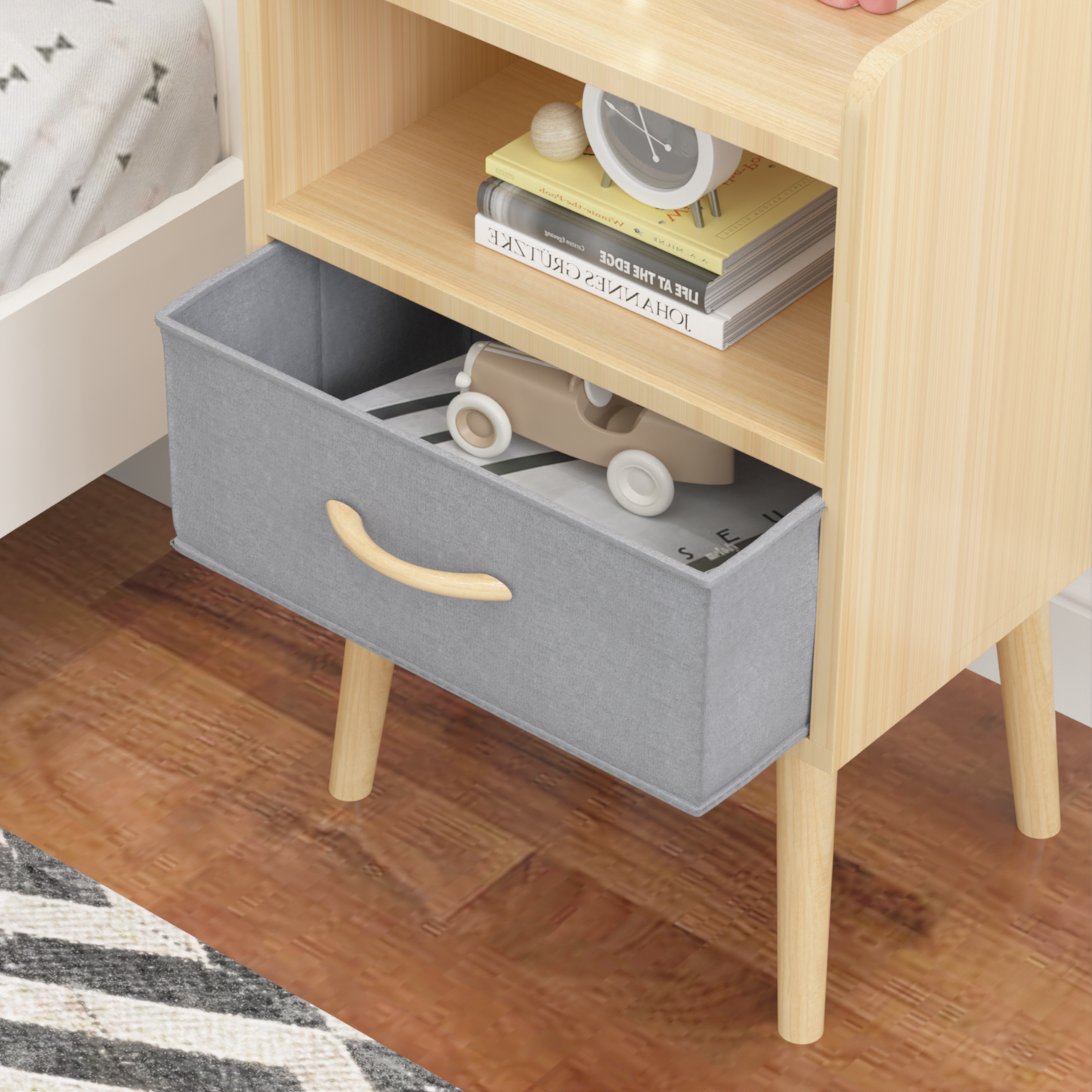 Simply End Table With Collapsible Fabric Drawer Nightstand Oak Color