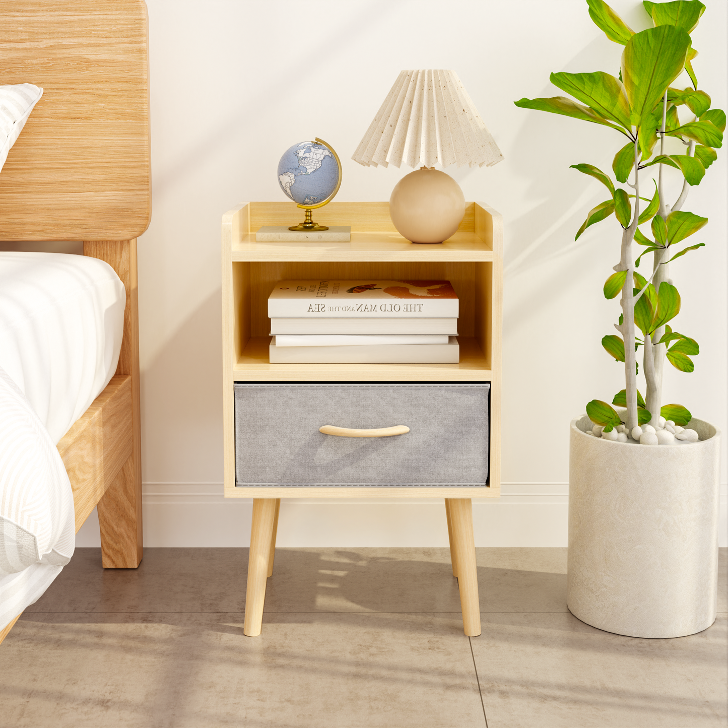 Simply End Table With Collapsible Fabric Drawer Nightstand Oak Color