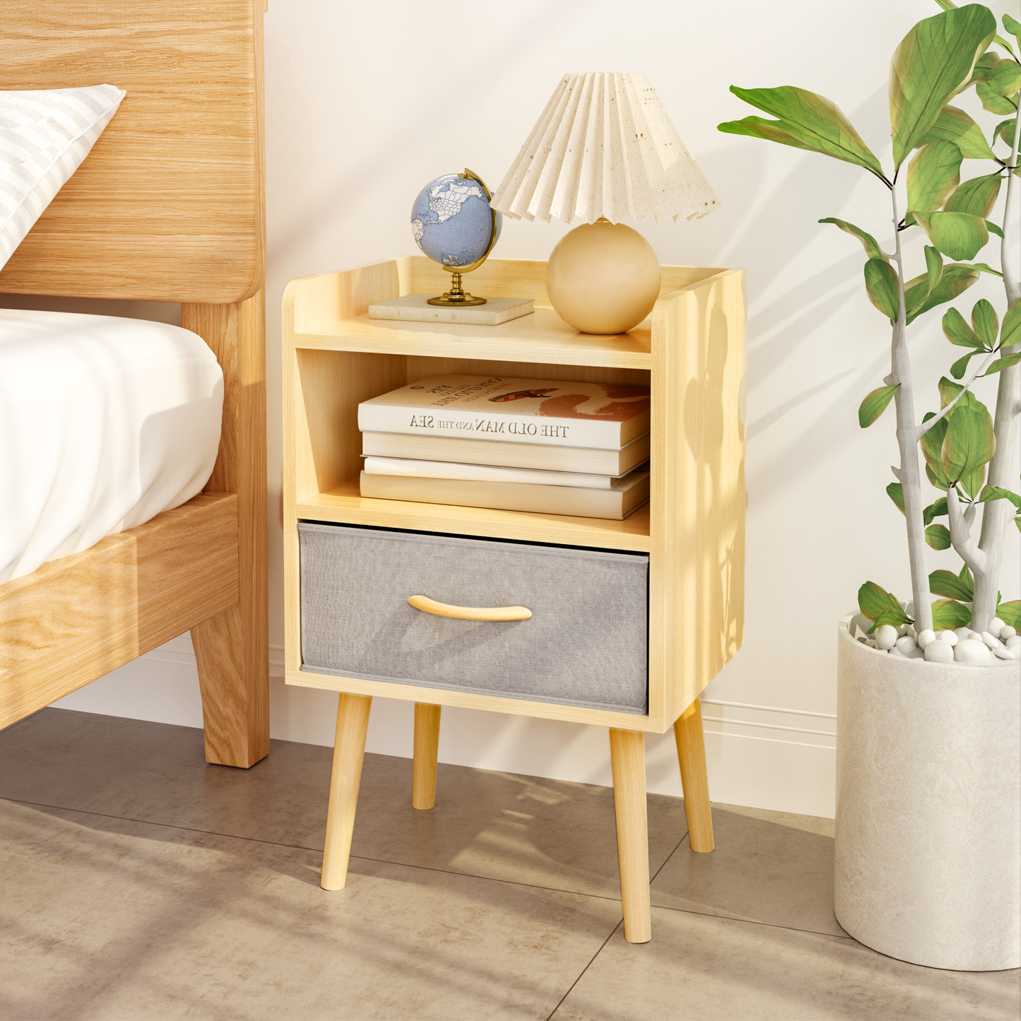 Simply End Table With Collapsible Fabric Drawer Nightstand Oak Color