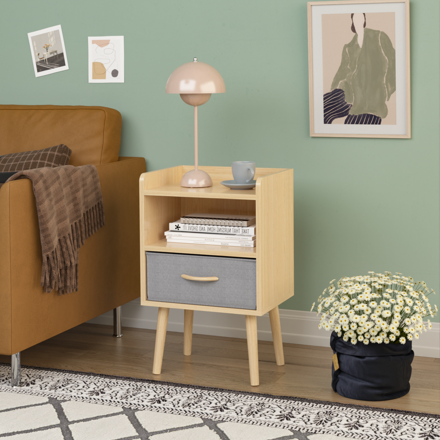 Simply End Table With Collapsible Fabric Drawer Nightstand Oak Color